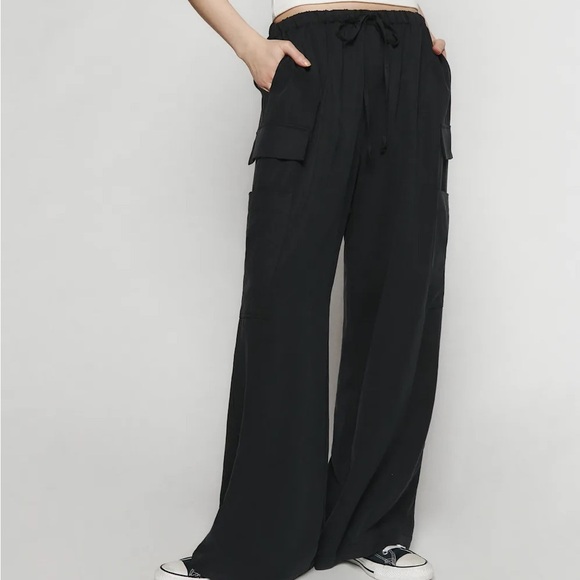 Reformation Ethan Twill Cargo Drawstring Pull On Pockets Pants Trousers Black - Picture 1 of 9